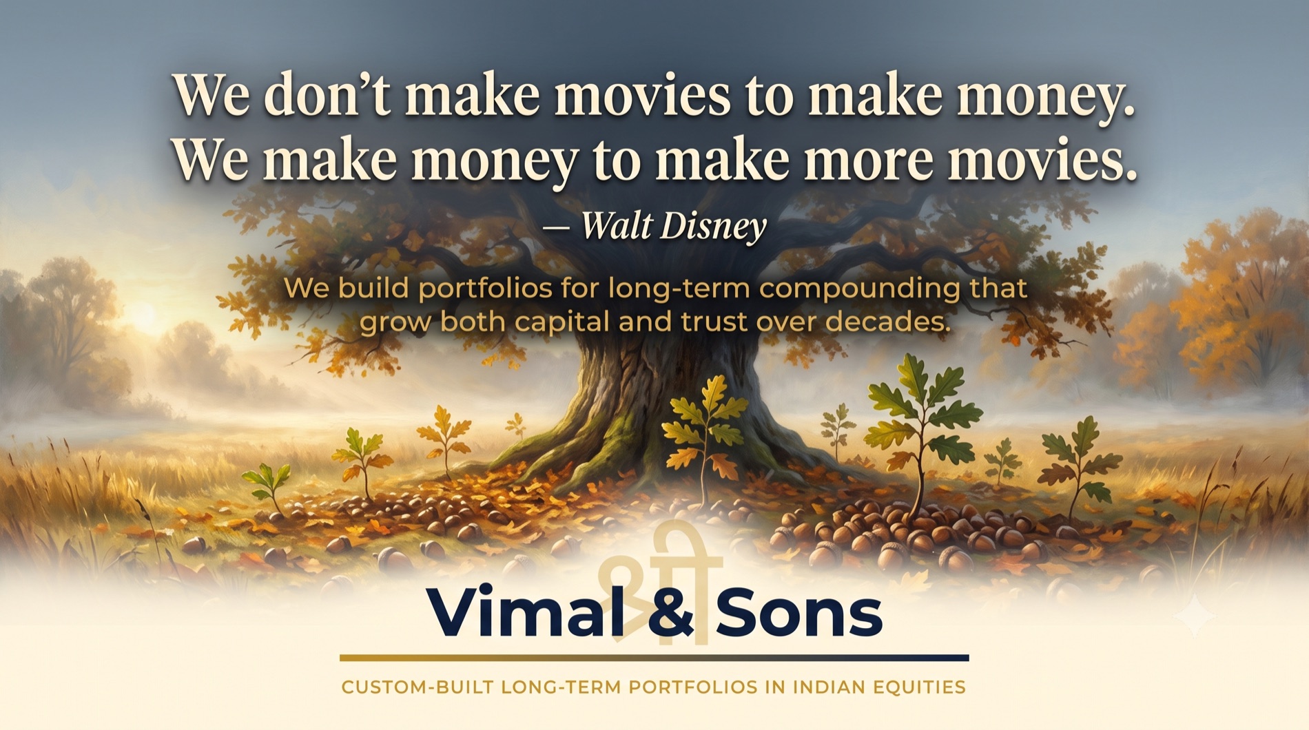 Vimal & Sons — we build portfolios for long-term compounding that grow both capital and trust over decades. Painting of an old oak with young saplings rising from its acorns.