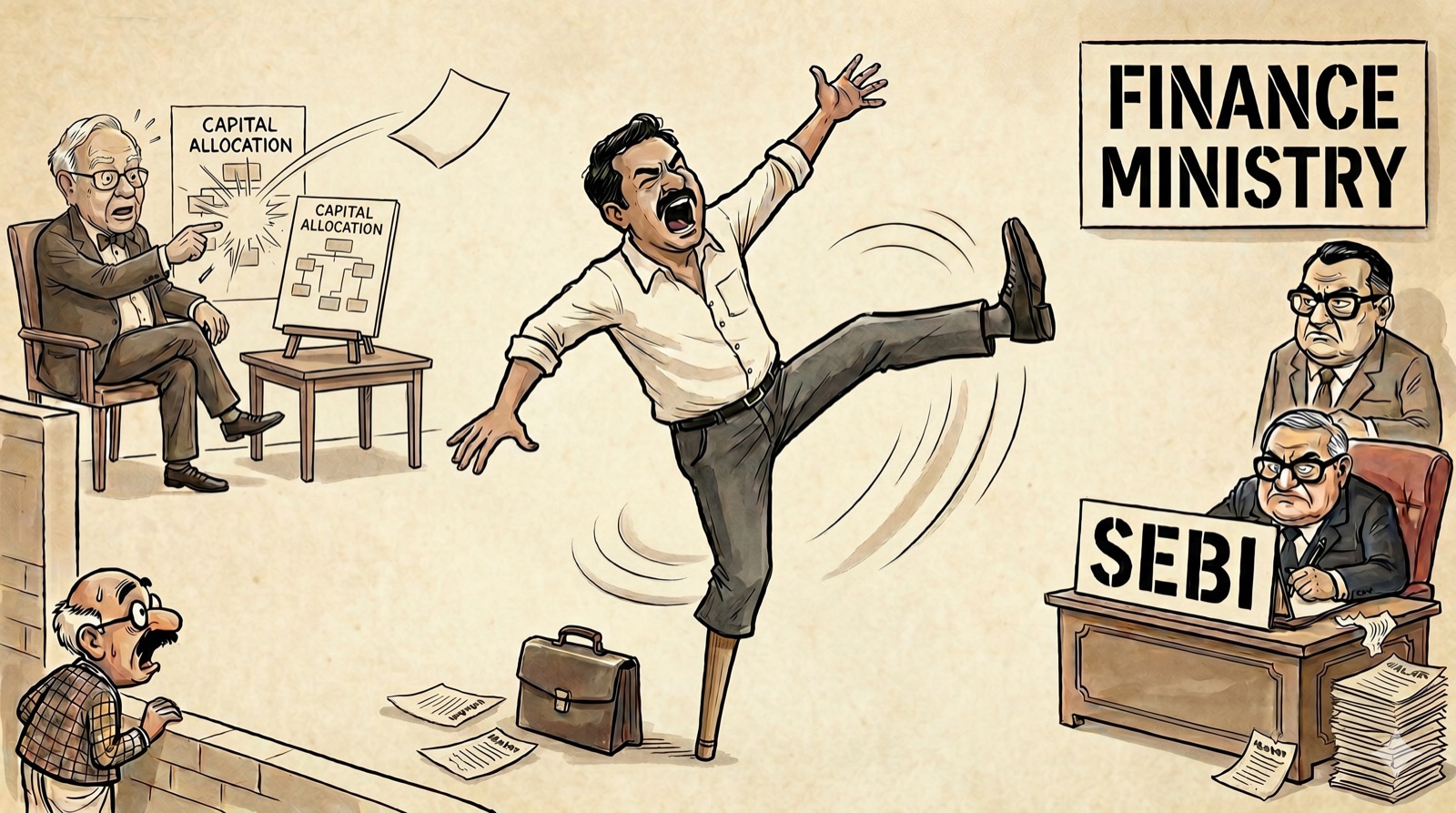 Editorial cartoon showing Corporate India as a one-legged man kicking with his wooden leg, while Buffett points at a CAPITAL ALLOCATION chart and SEBI and the Finance Ministry watch from their desks.