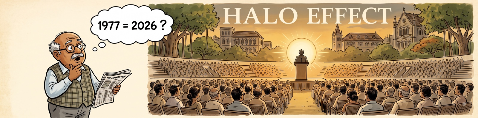 Illustrated banner: a Common Man figure in spectacles and a checked waistcoat holds a newspaper and thinks &lsquo;1977 = 2026?&rsquo;, while beside him a vast seated crowd faces a haloed speaker at a podium beneath the words HALO EFFECT.