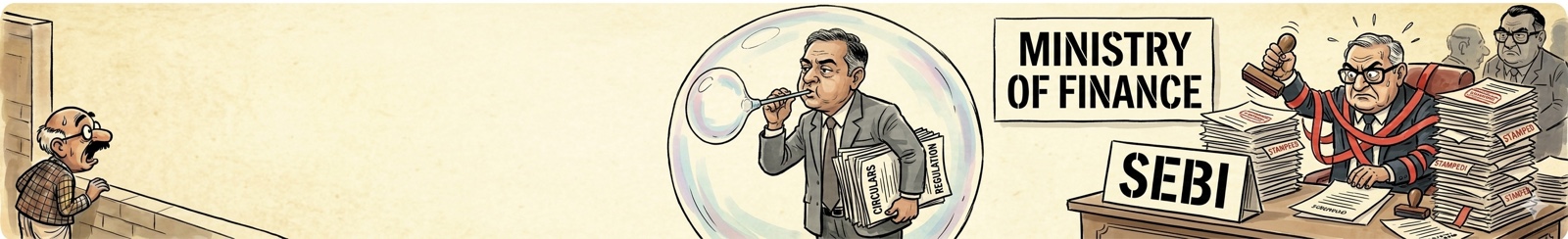 Editorial cartoon showing a SEBI inspector blowing a soap bubble around himself while clutching a sheaf of CIRCULARS and REGULATION papers; the Ministry of Finance bench looks on stamping documents while an R.K. Laxman Common Man watches from the side.