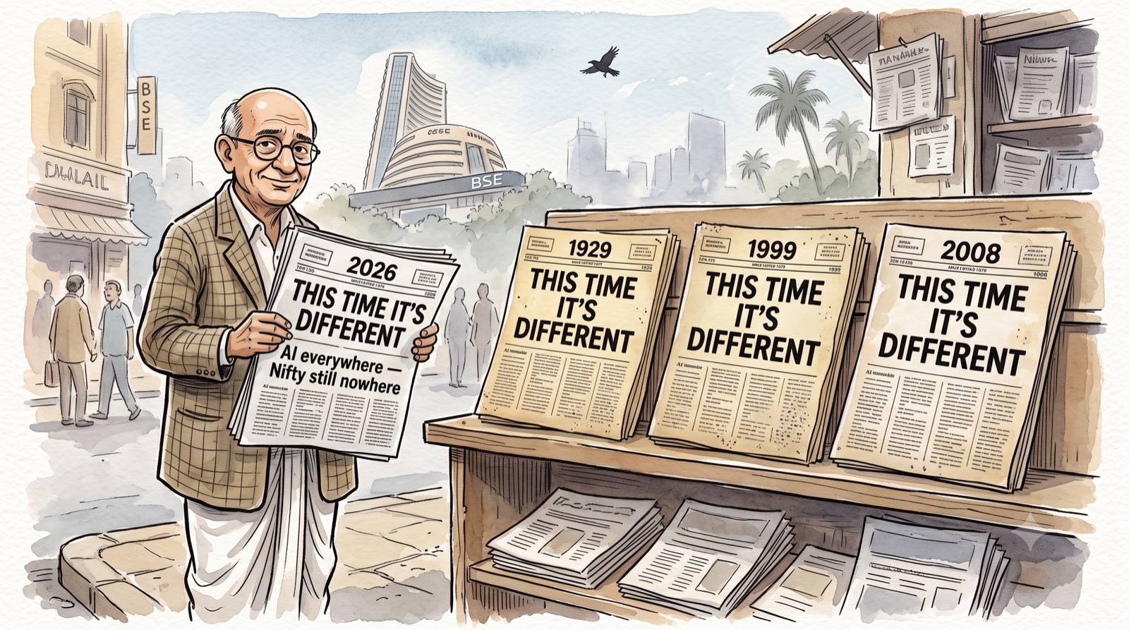 Watercolour illustration: an elderly Indian man in spectacles and a checked jacket stands outside the BSE holding a 2026 newspaper headlined &lsquo;This Time It&rsquo;s Different &mdash; AI everywhere, Nifty still nowhere&rsquo;, while the newsstand beside him displays three older papers carrying the identical headline, dated 1929, 1999 and 2008.