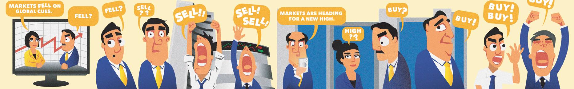 Cartoon chain showing how a market news signal gets distorted from SELL to an irrational BUY frenzy as it passes between investors.